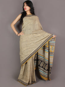Ivory Deep Green Black Hand Block Printed in Natural Colors Cotton Mul Saree - S03170949