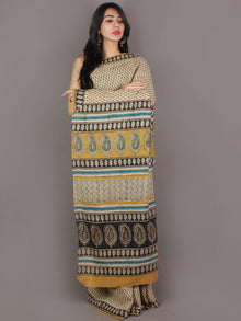 Ivory Deep Green Black Hand Block Printed in Natural Colors Cotton Mul Saree - S03170949