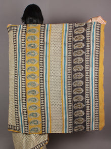 Ivory Deep Green Black Hand Block Printed in Natural Colors Cotton Mul Saree - S03170949