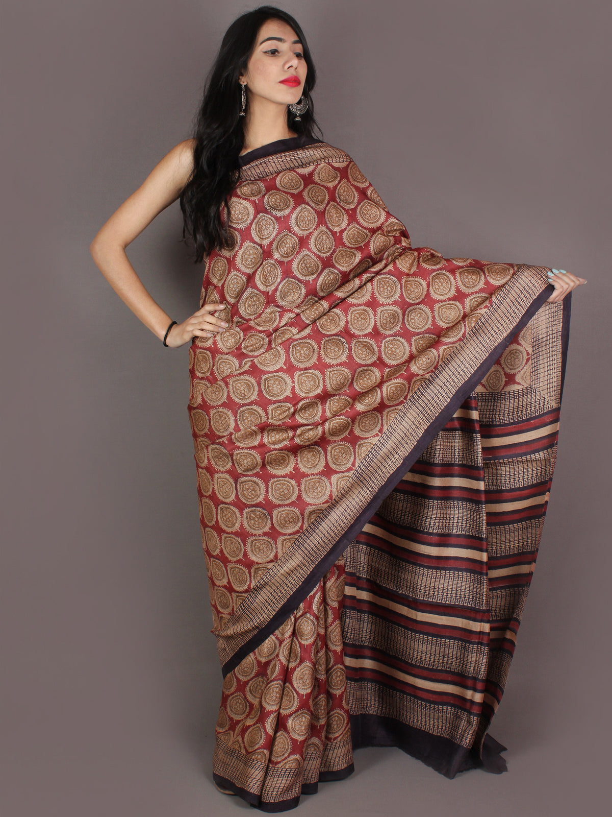 Tussar Handloom Silk Hand Block Printed Saree in Maroon Brown Beige - S03170950