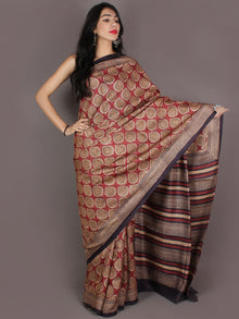 Tussar Handloom Silk Hand Block Printed Saree in Maroon Brown Beige - S03170950