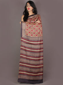 Tussar Handloom Silk Hand Block Printed Saree in Maroon Brown Beige - S03170950