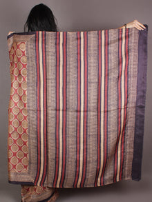 Tussar Handloom Silk Hand Block Printed Saree in Maroon Brown Beige - S03170950