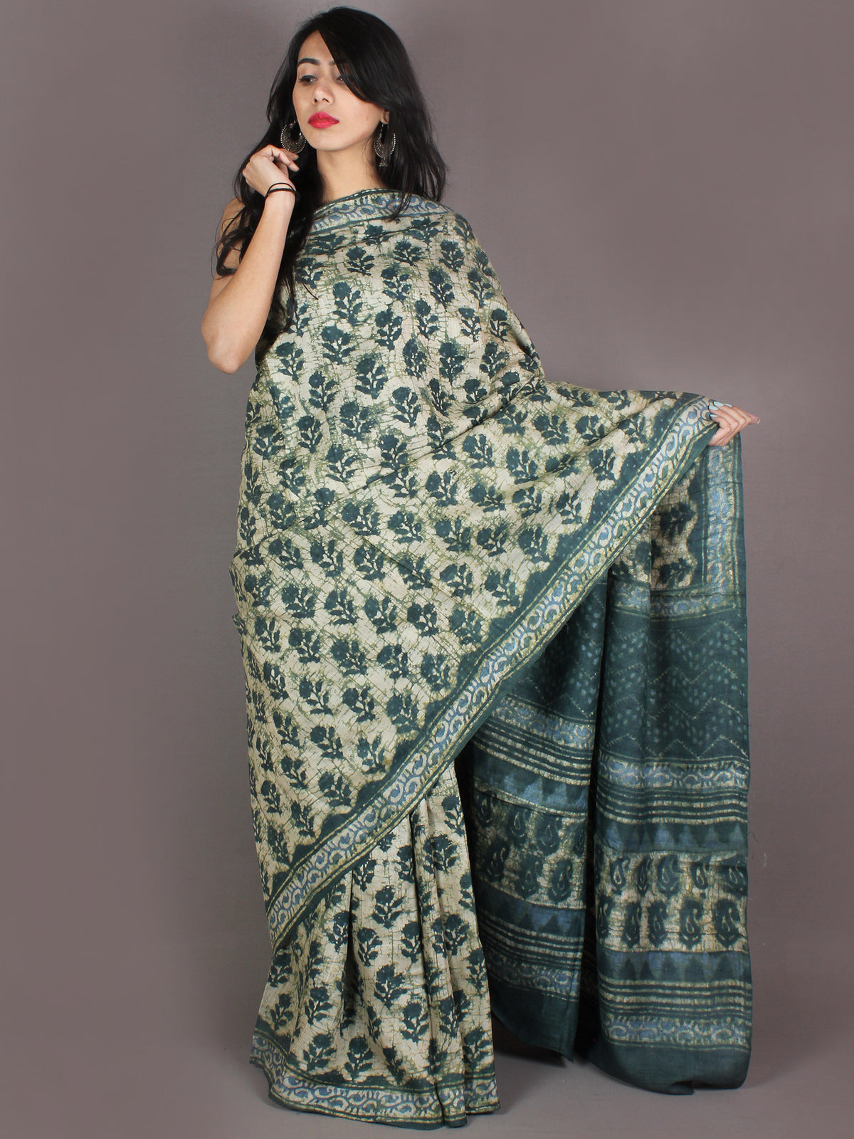 Tussar Handloom Silk Hand Block Printed Saree in Pine Green & Ivory - S03170954