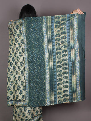 Tussar Handloom Silk Hand Block Printed Saree in Pine Green & Ivory - S03170954