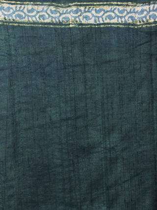 Tussar Handloom Silk Hand Block Printed Saree in Pine Green & Ivory - S03170954