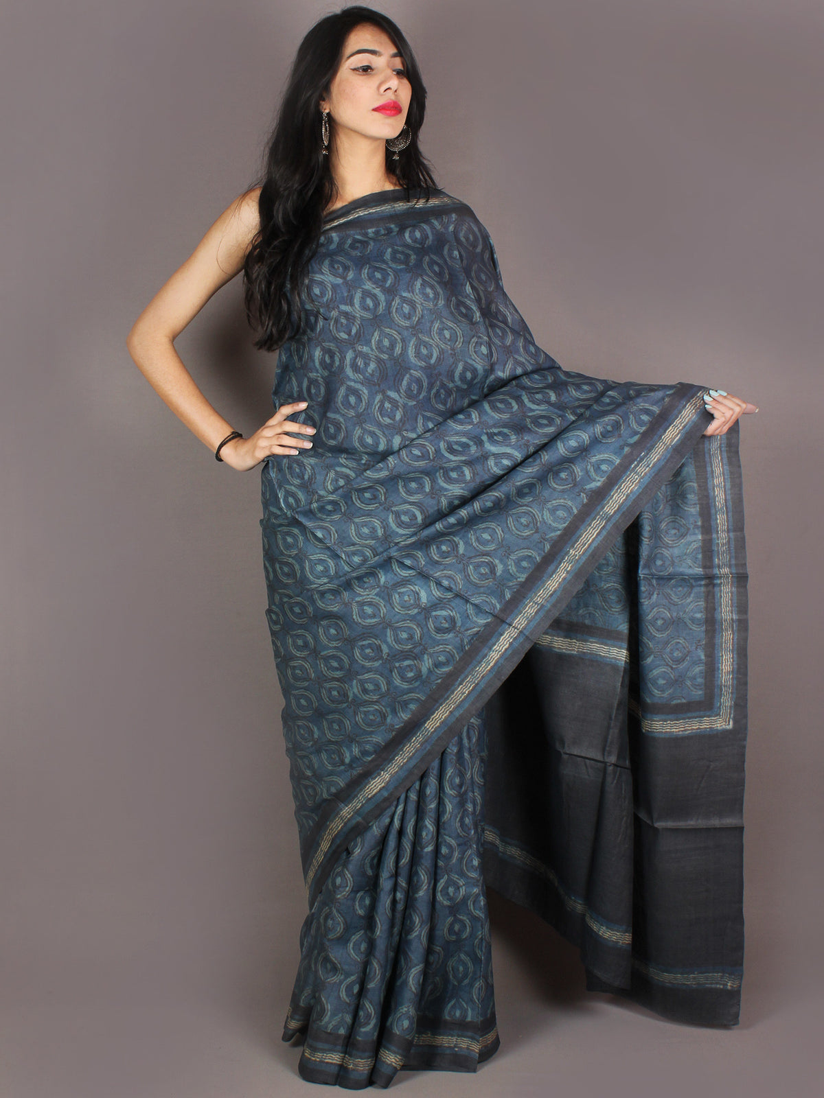 Tussar Handloom Silk Hand Block Printed Saree in Indigo Black & Beige- S03170955