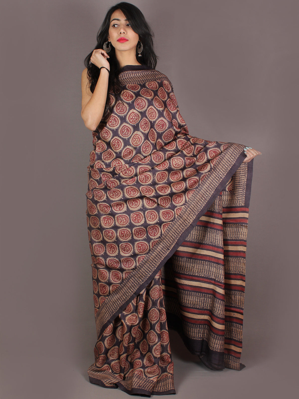 Tussar Handloom Silk Hand Block Printed Saree in Purple Maroon & Beige- S03170956