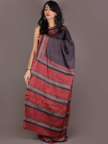 Tussar Handloom Silk Hand Block Printed & Painted Saree in Purple Maroon & Beige- S03170957