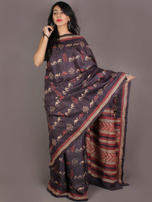 Tussar Handloom Silk Hand Block Printed & Painted Saree in Purple Beige & Maroon - S03170959