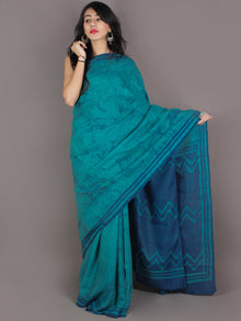 Tussar Handloom Silk Hand Block Printed & Painted Saree in Pine Green - S03170960