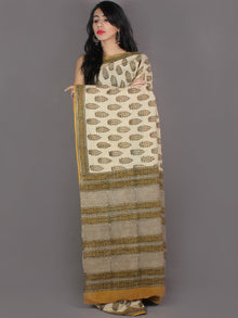 Ivory Yellow Grey Hand Block Printed in Natural Colors Cotton Mul Saree - S03170961