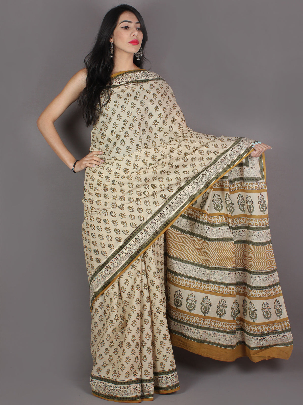 Ivory Green Yellow Black Hand Block Printed in Natural Colors Cotton Mul Saree - S03170962