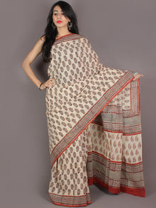 Ivory Red Grey Hand Block Printed in Natural Colors Cotton Mul Saree - S03170963