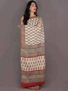 Ivory Red Grey Hand Block Printed in Natural Colors Cotton Mul Saree - S03170963