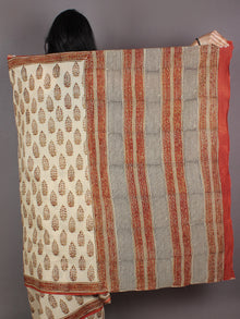 Ivory Brown Maroon Hand Block Printed in Natural Colors Cotton Mul Saree - S03170964
