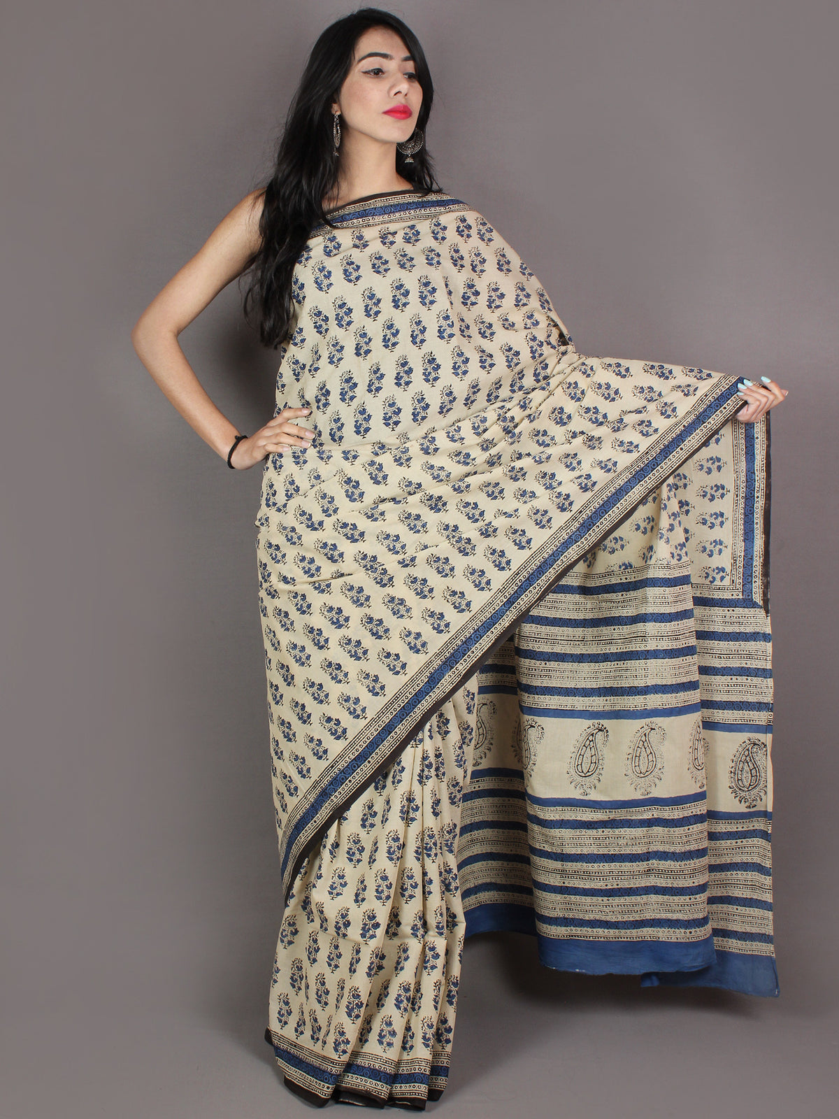 Ivory Blue Black Hand Block Printed in Natural Colors Cotton Mul Saree - S03170965