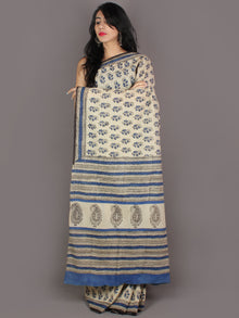 Ivory Blue Black Hand Block Printed in Natural Colors Cotton Mul Saree - S03170965