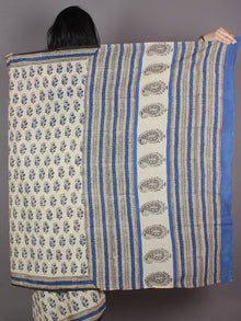 Ivory Blue Black Hand Block Printed in Natural Colors Cotton Mul Saree - S03170965
