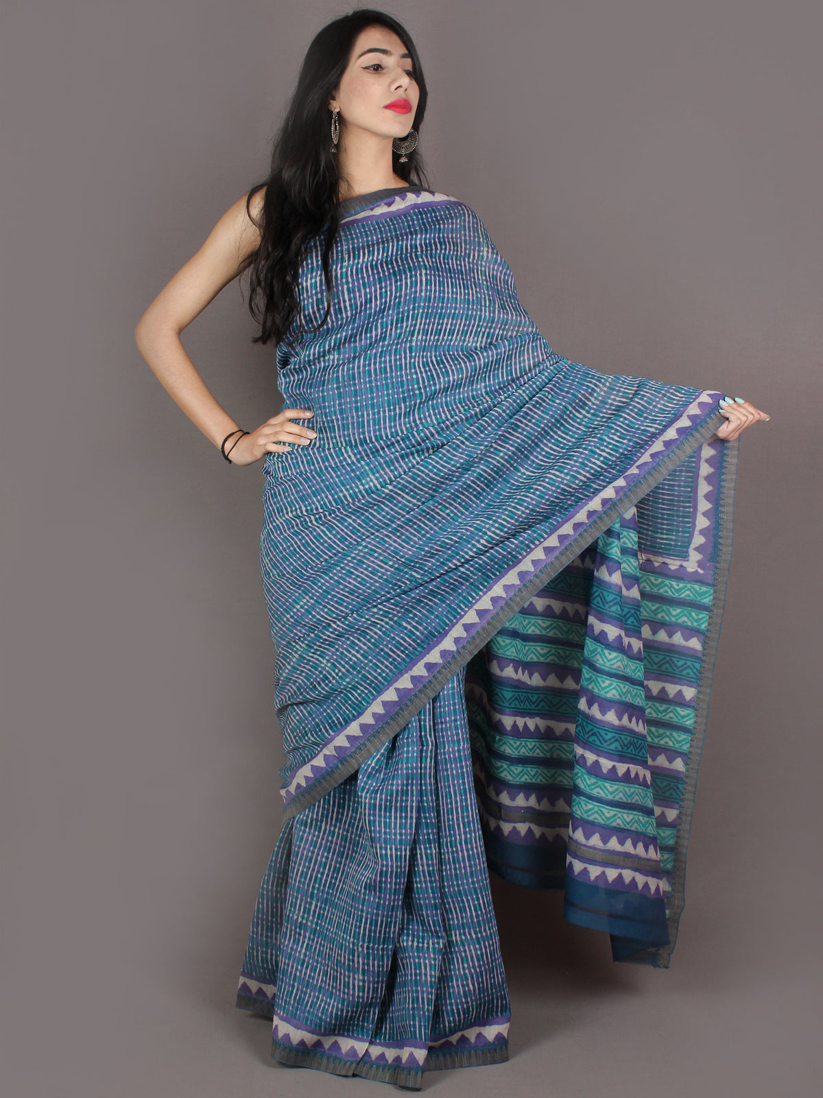 Fern Green Purple Hand Block Printed in Natural Colors Chanderi Saree With Geecha Border - S03170966