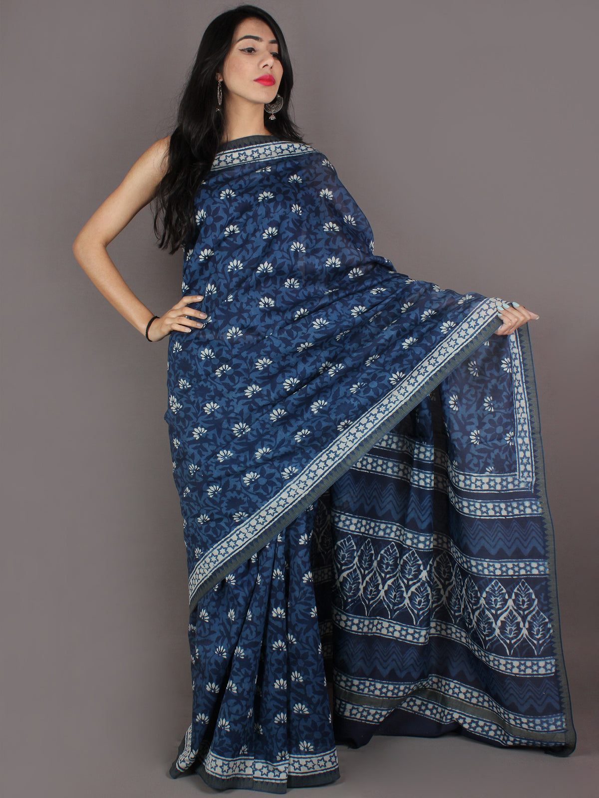 Indigo White Hand Block Printed in Natural Colors Chanderi Saree With Geecha Border - S03170968