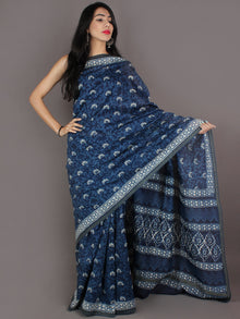 Indigo White Hand Block Printed in Natural Colors Chanderi Saree With Geecha Border - S03170968