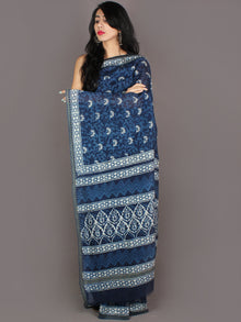 Indigo White Hand Block Printed in Natural Colors Chanderi Saree With Geecha Border - S03170968