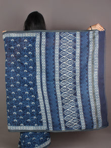 Indigo White Hand Block Printed in Natural Colors Chanderi Saree With Geecha Border - S03170968