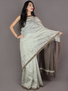 Off White Brown Hand Block Painted in Natural Colors Chanderi Saree With Geecha Border - S03170969