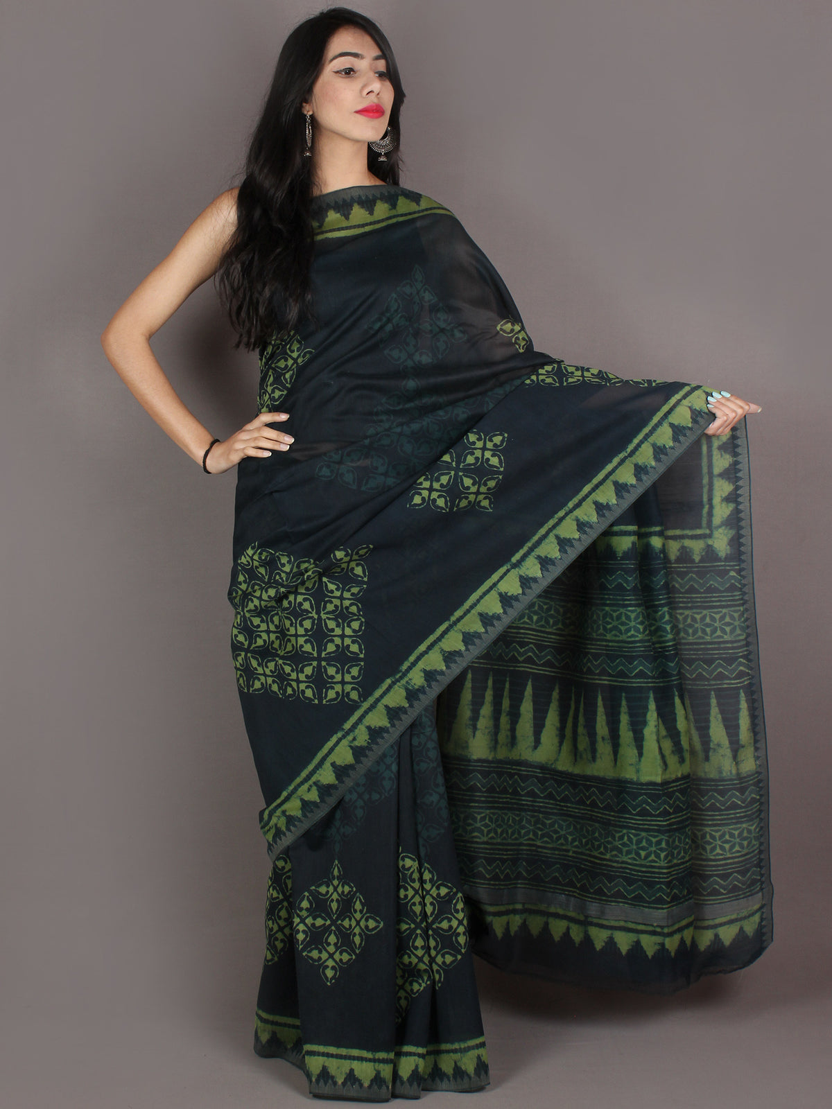 Dark Green Hand Block Printed in Natural Colors Chanderi Saree With Geecha Border - S03170970