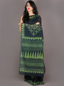 Dark Green Hand Block Printed in Natural Colors Chanderi Saree With Geecha Border - S03170970