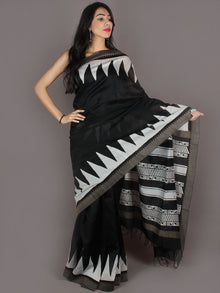 Black White Hand Block Printed in Natural Colors Chanderi Saree With Geecha Border - S03170971