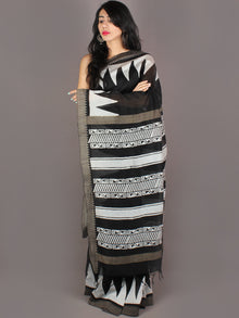 Black White Hand Block Printed in Natural Colors Chanderi Saree With Geecha Border - S03170971
