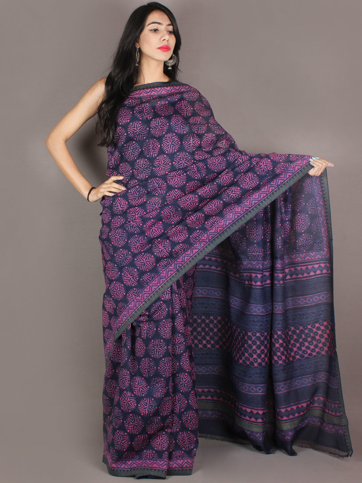 Indigo Pink Hand Block Printed in Natural Colors Chanderi Saree With Geecha Border - S03170972
