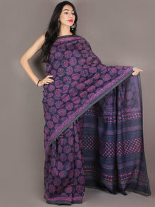 Indigo Pink Hand Block Printed in Natural Colors Chanderi Saree With Geecha Border - S03170972