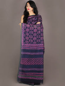 Indigo Pink Hand Block Printed in Natural Colors Chanderi Saree With Geecha Border - S03170972