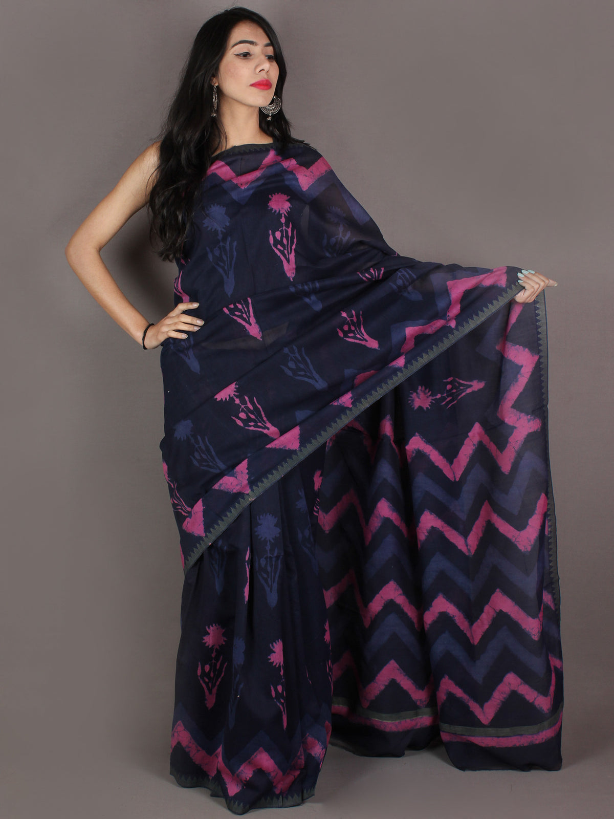 Indigo Pink Hand Block Printed in Natural Colors Chanderi Saree With Geecha Border - S03170976