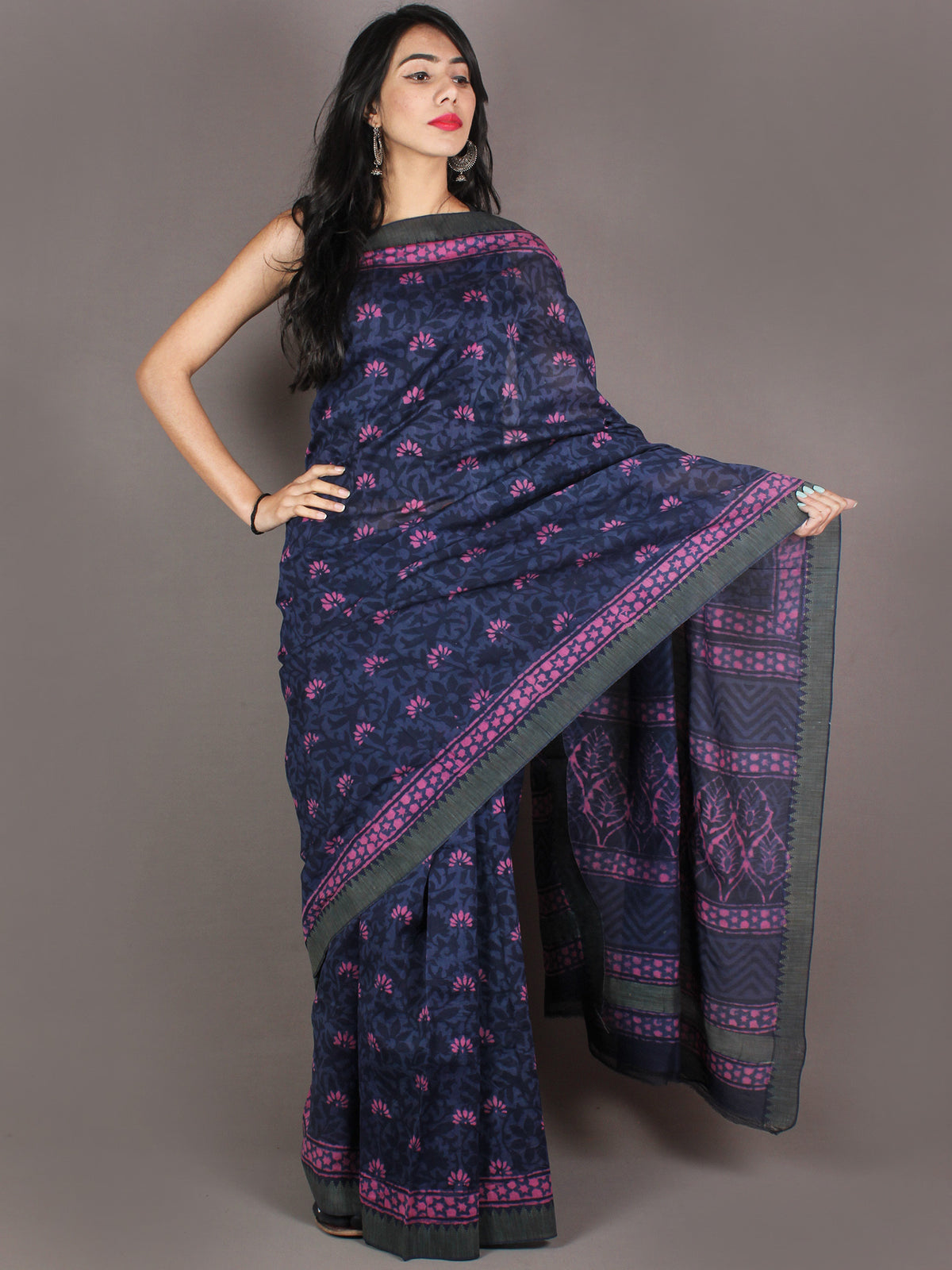 Indigo Pink Hand Block Printed in Natural Colors Chanderi Saree With Geecha Border - S03170977