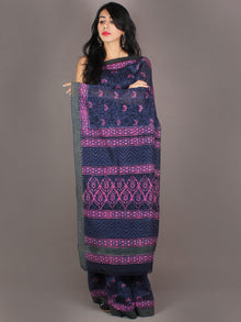 Indigo Pink Hand Block Printed in Natural Colors Chanderi Saree With Geecha Border - S03170977