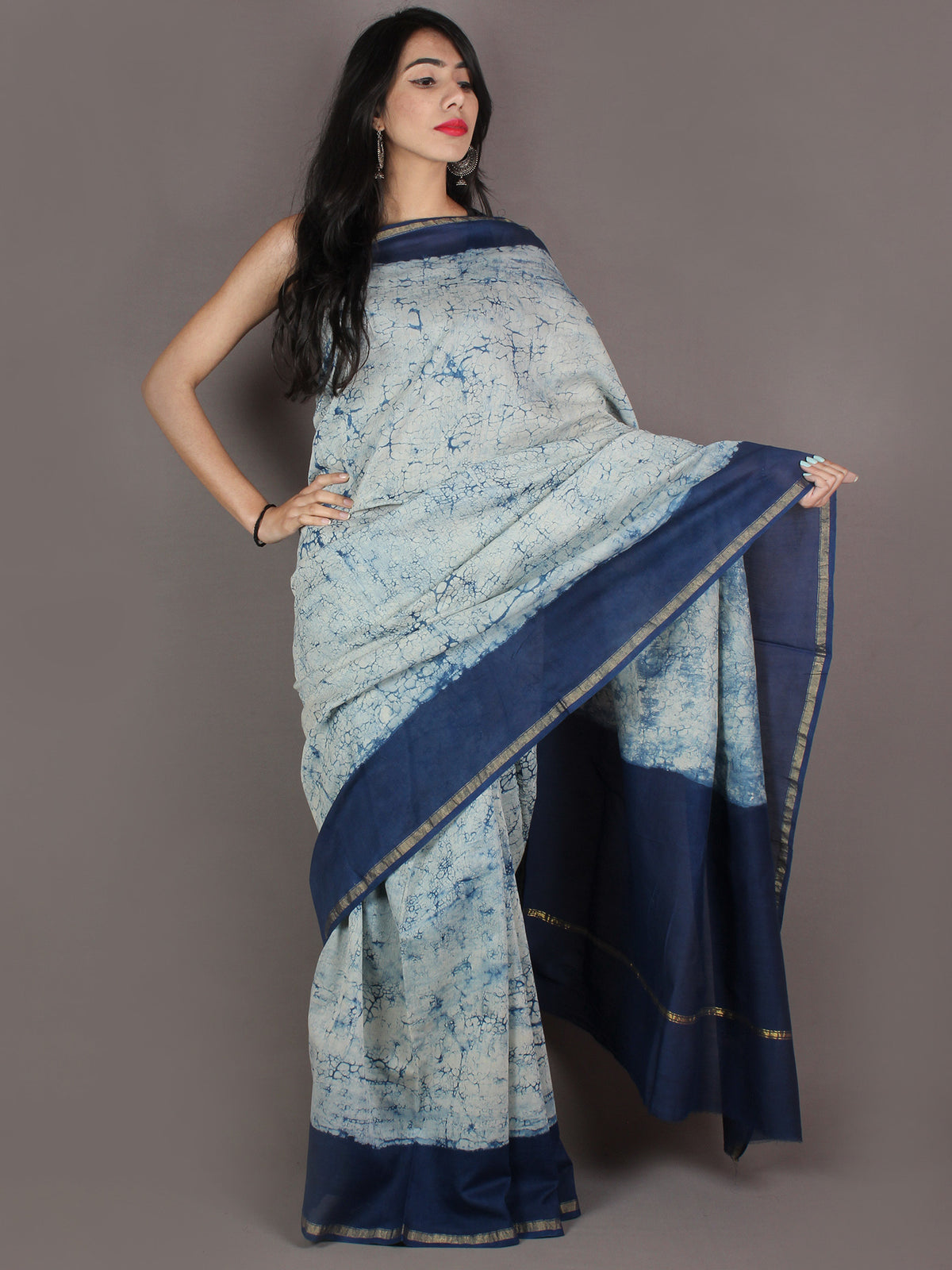 Indigo Blue Ivory Hand Block Painted in Natural Colors Chanderi Saree - S03170978