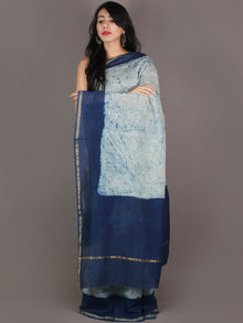 Indigo Blue Ivory Hand Block Painted in Natural Colors Chanderi Saree - S03170978