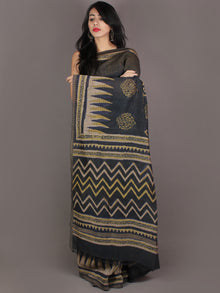 Grey Yellow Beige Hand Block Printed in Natural Colors Chanderi Saree With Geecha Border - S03170979