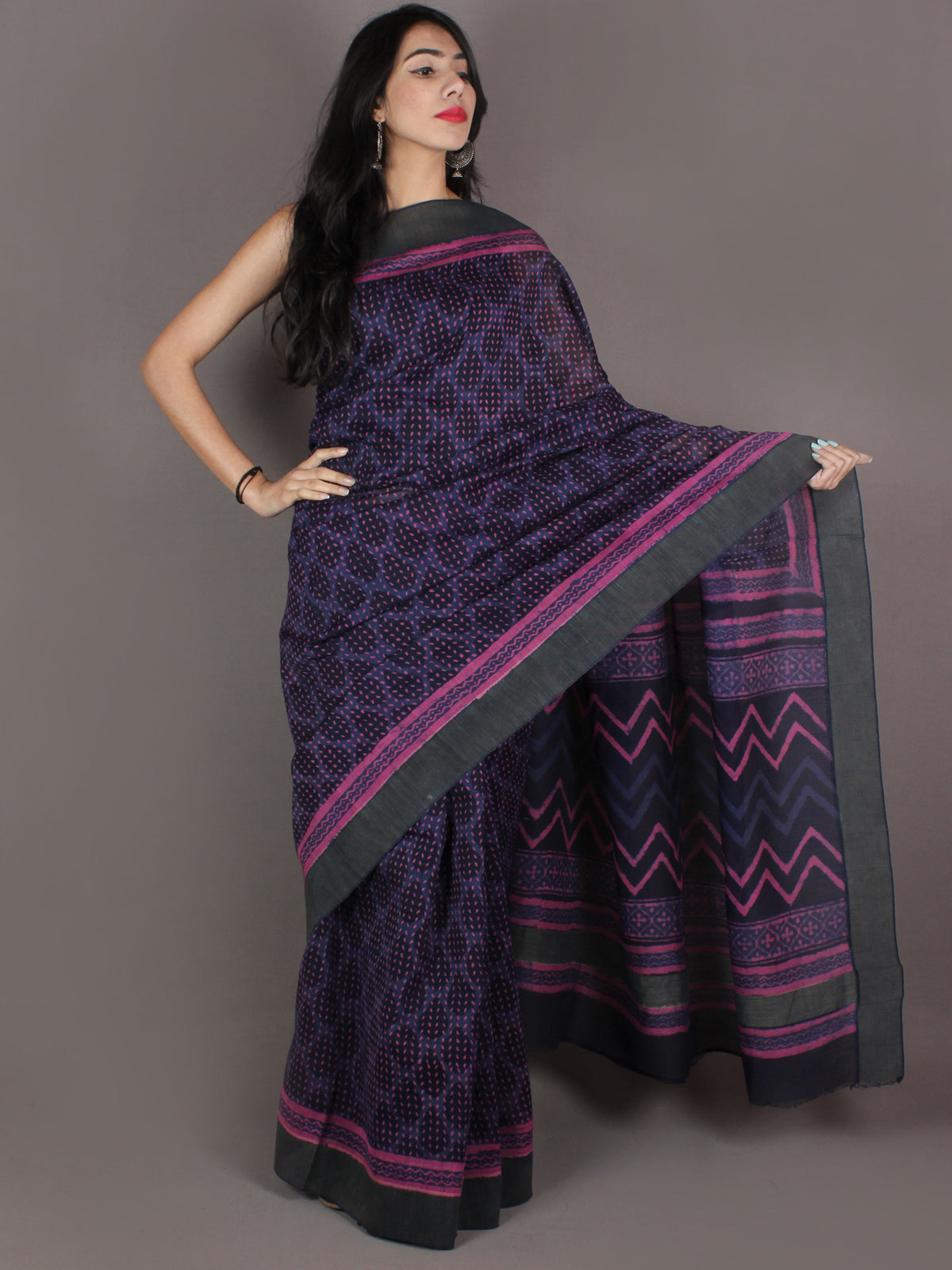 Indigo Pink Hand Block Printed in Natural Colors Chanderi Saree With Geecha Border - S03170980