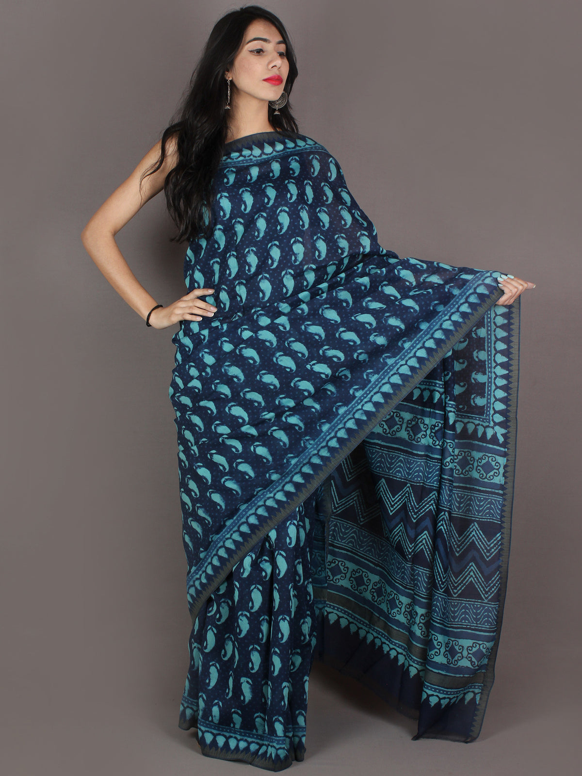 Indigo Sky Blue Hand Block Printed in Natural Colors Chanderi Saree With Geecha Border - S03170981