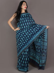 Indigo Sky Blue Hand Block Printed in Natural Colors Chanderi Saree With Geecha Border - S03170981