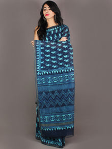 Indigo Sky Blue Hand Block Printed in Natural Colors Chanderi Saree With Geecha Border - S03170981