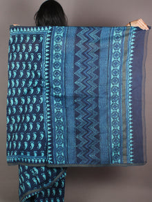 Indigo Sky Blue Hand Block Printed in Natural Colors Chanderi Saree With Geecha Border - S03170981