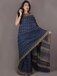 Indigo Maroon Green Yellow Bagru Dabu Hand Block Printed in Cotton Mul Saree - S03170983