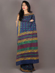 Indigo Maroon Green Yellow Bagru Dabu Hand Block Printed in Cotton Mul Saree - S03170983