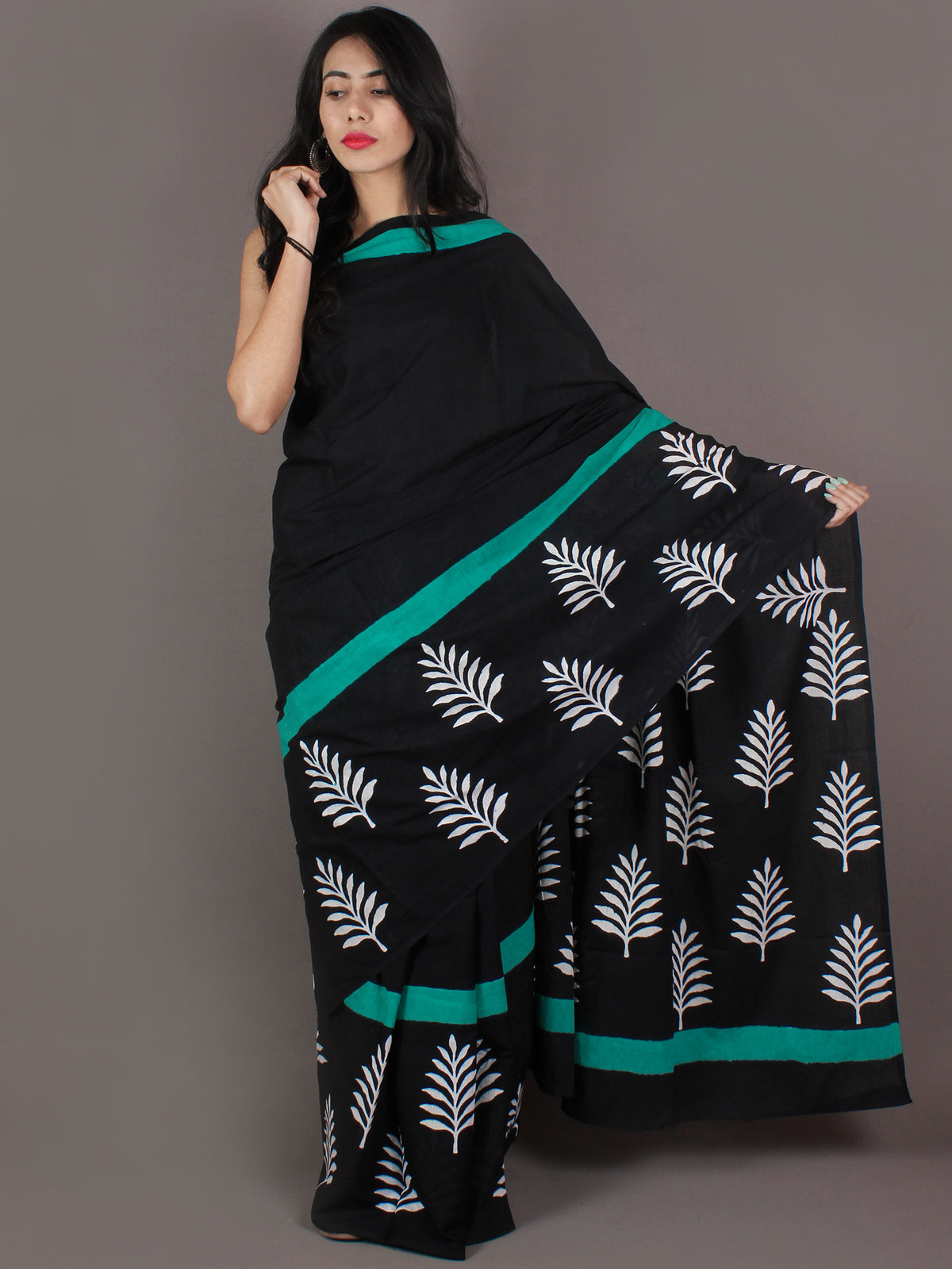 Black White Persian Blue Bagru Dabu Hand Block Printed in Cotton Mul Saree - S03170984